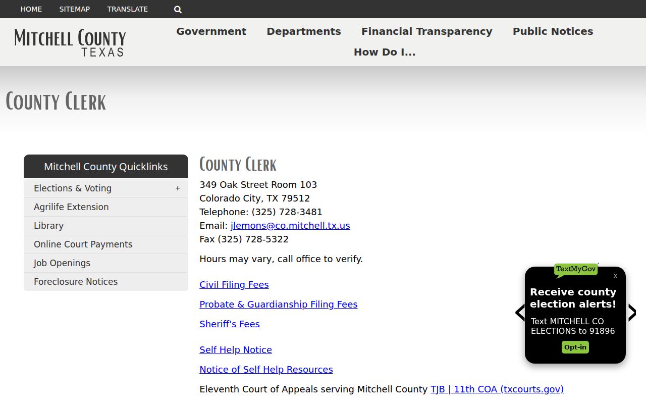 Mitchell County warrant records, official County Clerk contact and records page