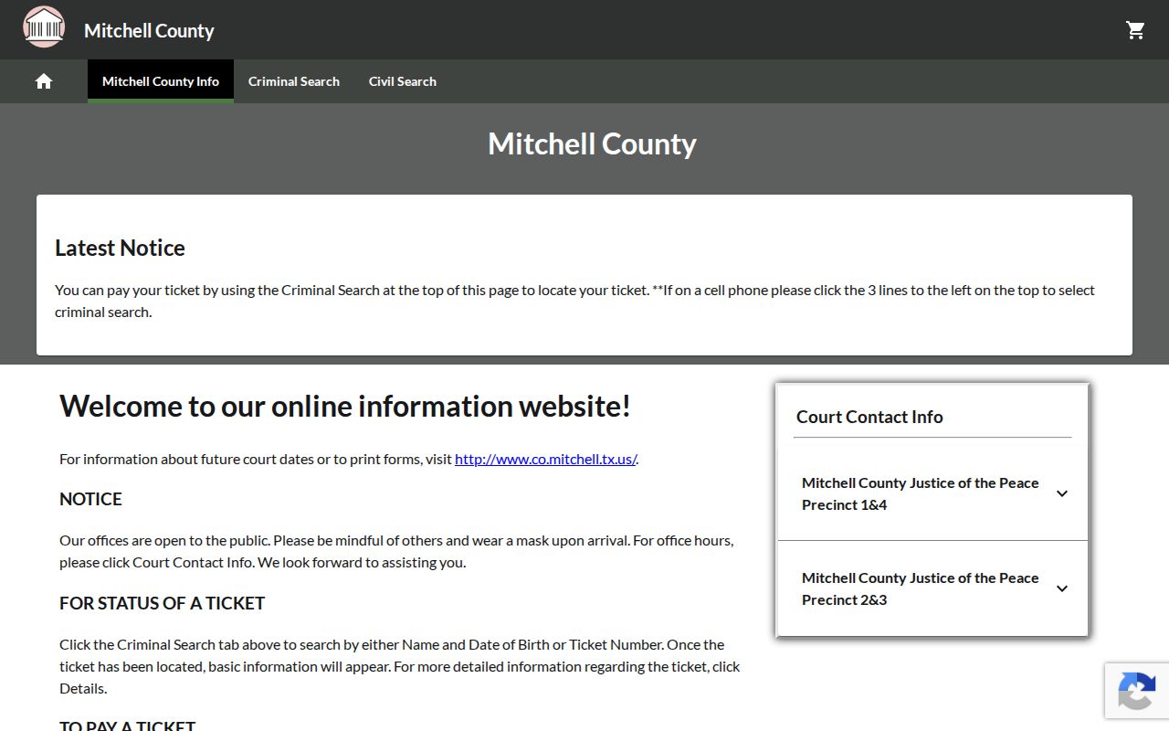 Mitchell County active warrant search limits, JP citation payment landing page