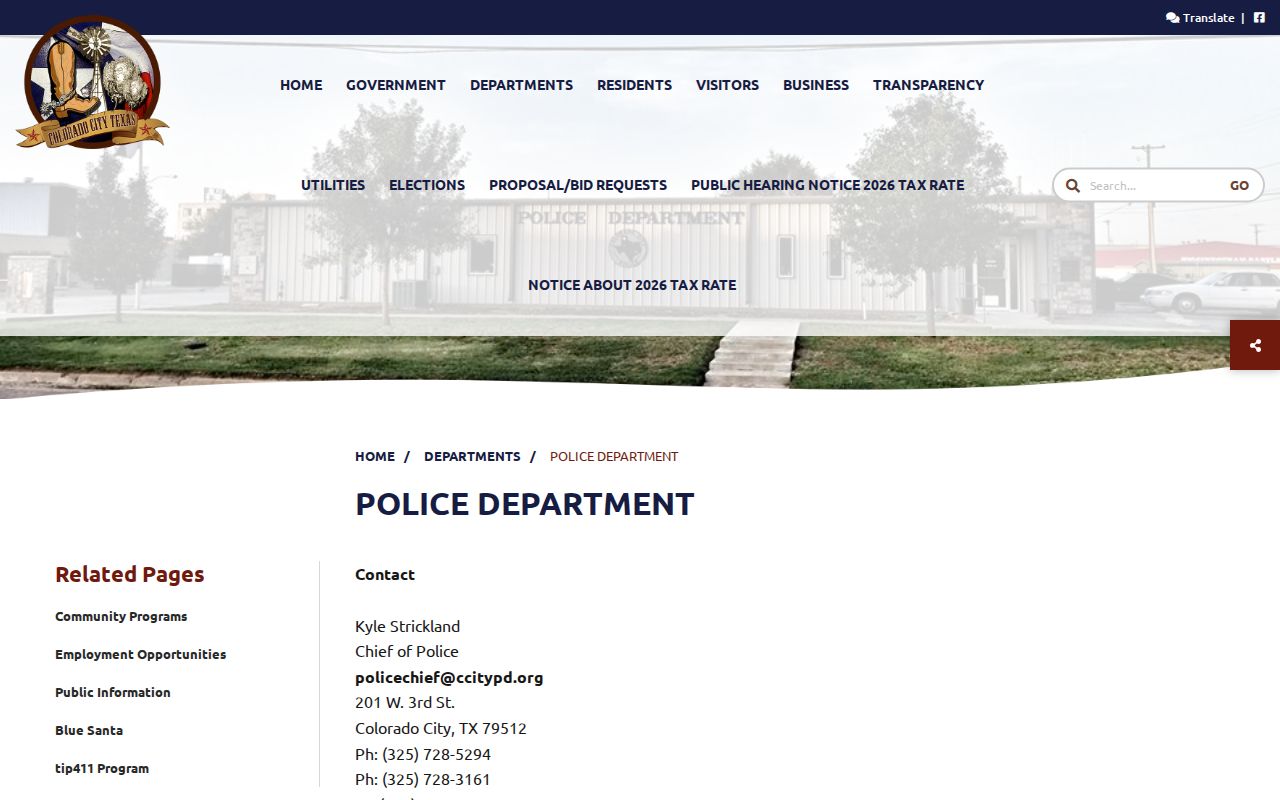 Mitchell County arrest warrant context, Colorado City Police Department contact page