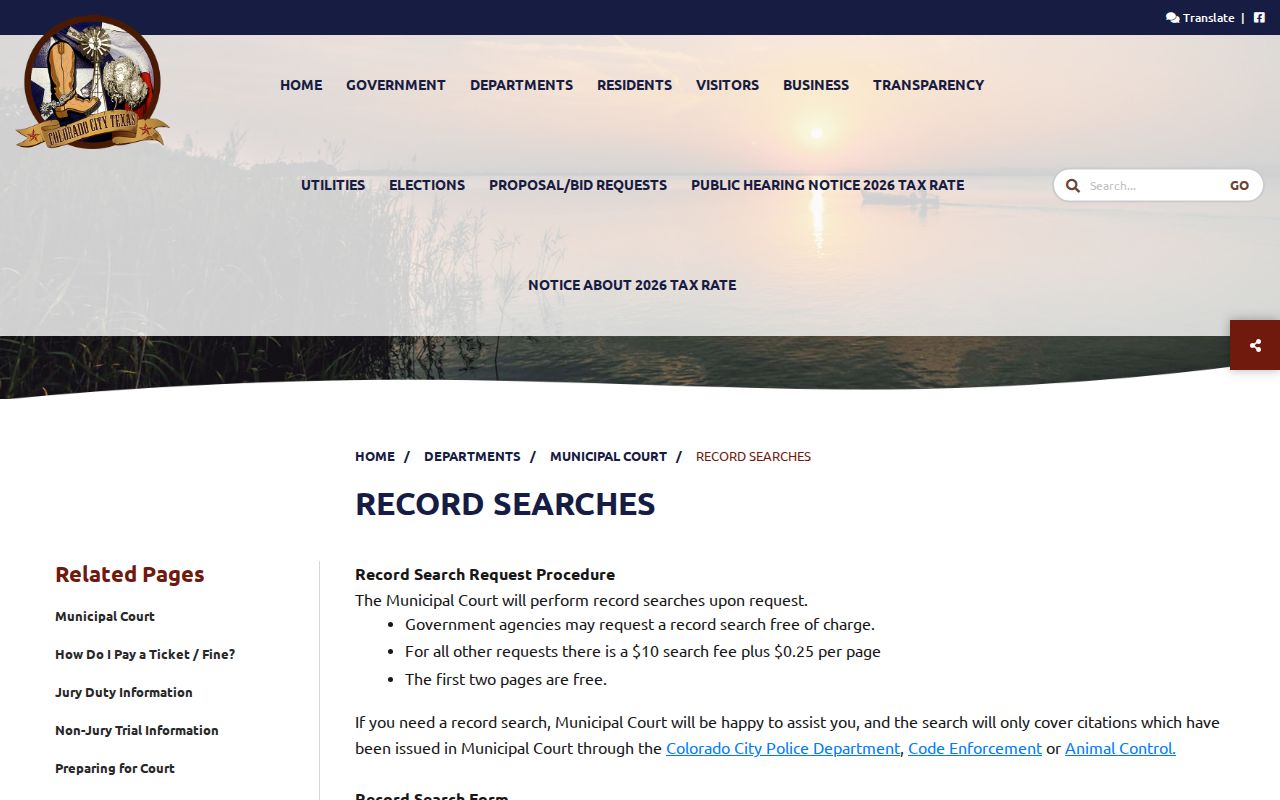 Mitchell County city citation records, Colorado City record-search fees and timing