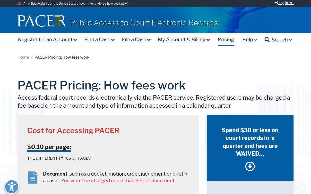 Mitchell County federal record access, PACER pricing page