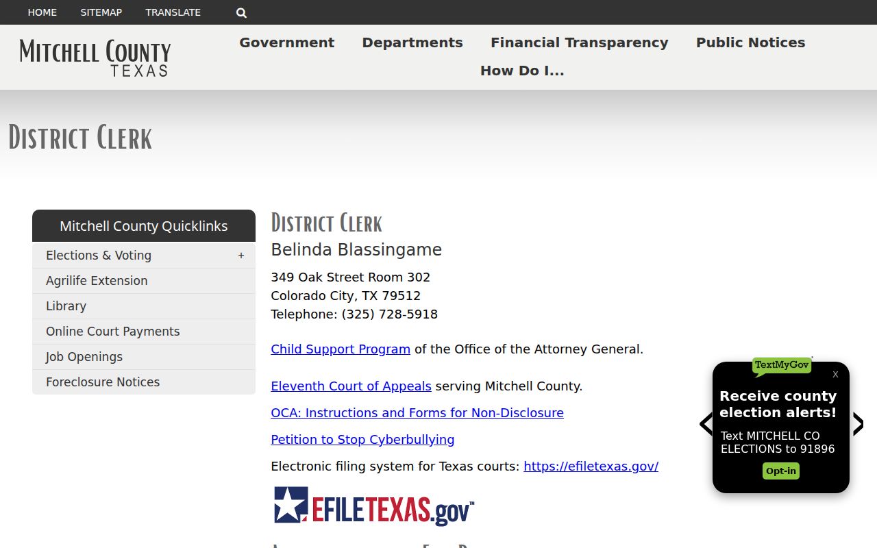 Mitchell County District Clerk official contact and court-report page