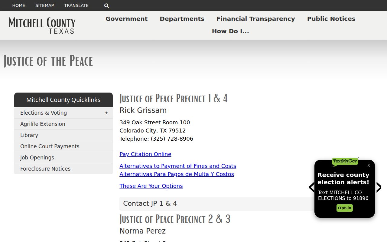 Mitchell County JP warrant records routing, official precinct court contact page