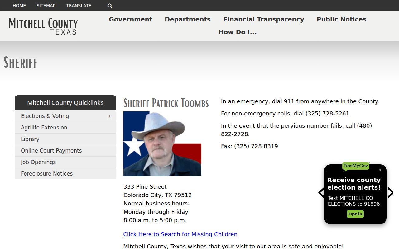 Mitchell County arrest and warrant records, official sheriff contact page